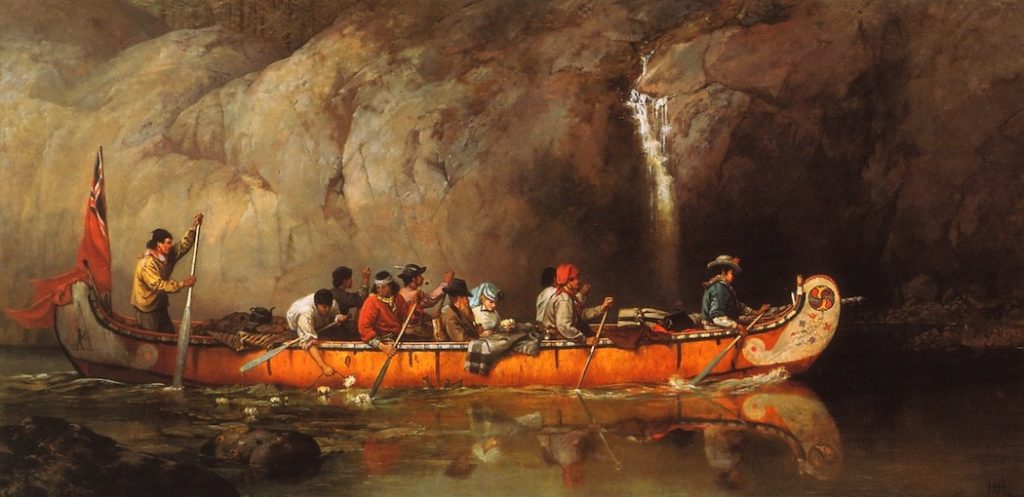 Canoe Manned by Voyageurs Passing a Waterfall by Frances Anne Hopkins, 1869. Oil on canvas, 68.6 x 121.9 cm.