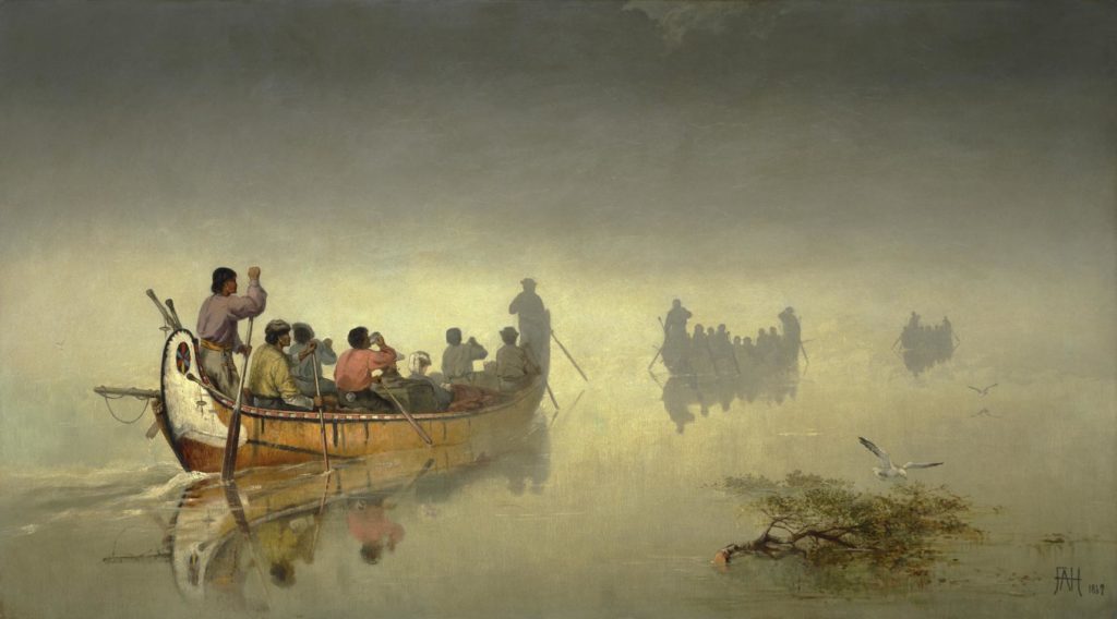 Canoes in a Fog by Frances Anne Hopkins, 1868. Oil on canvas, 68.6 x 121.9 cm. 