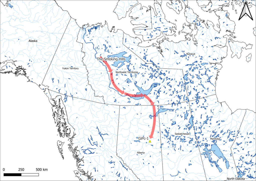 A map depicting the transportation of Tertiary Hills Clinker throughout the NWT to AB