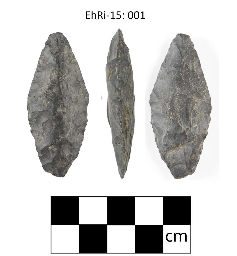 EhRi-15: 001. A lanceolate biface, made of dacite. Top 10 sites, BC.