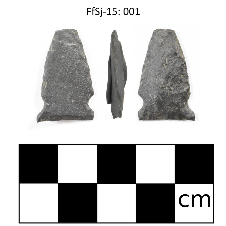 FfSj-15: 001, an Athapaskan side-notched Projectile Point made from dacite.